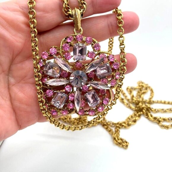 Vintage Pink Crystal Pendant Necklace With Gold Tone Double Rope Chain 30" - Picture 2 of 16
